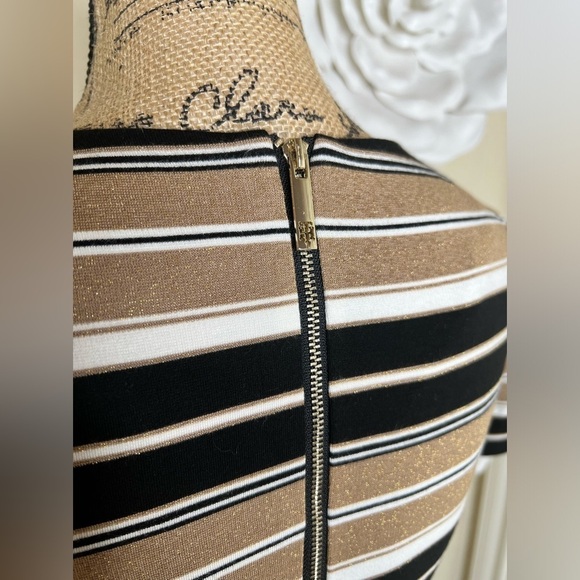 Tommy Hilfiger Black, White & Metallic Gold with Tan Striped Dress Size 2 - Picture 13 of 13